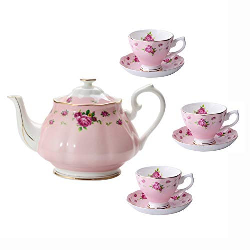 ABNNHK Teeservice für Erwachsene, Kaffeetassen und Untertassen aus Porzellan, Bone China, rosa Teekannen-Sets, Old Country Roses, Teekanne, 7-teilig