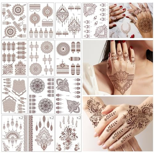 SNAIL GARDEN 16 Blätter Braun Rot Temporäre Tattoo Sticker,Langlebige Mandala Blume Fake Tattoo Aufkleber,Lace Tattoos für Hand,Finger,Arme,Rücken,Hals,Festival Tattoos für Frauen,Mädchen