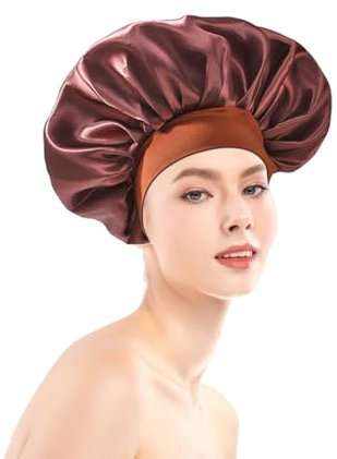 Seidenhaube zum Schlafen, 1 Stück Silk Bonnet Sleep Cap Verstellbar Schlafhaube Seide, Atmungsaktive Schlafmütze Damen Satin Haarhaube für die Nacht Haare Schützen (Braun)