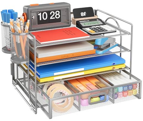 VITVITI Desk Organiser Tray, 4 Tier Letter Paper Tray Organiser with 2 Pen Holders, Desktop Organizer with Drawer for Staionary Accessories, Magazine, Home, School, Office - Silver with Drawer
