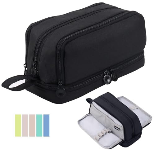 Large Capacity Pencil Case, Pencil Pouch with Sticky Note and 4 Compartments Multifunctional Stationery Organizer for Girls Boys, Office Makeup Bag Portable Pen Bag for Students Women Men (Black)