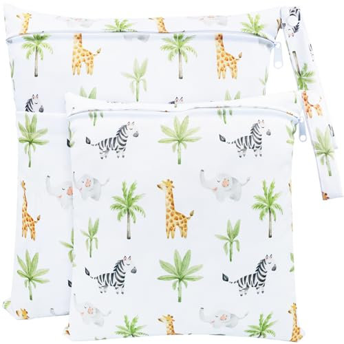 FenFang Wetbag Kindergarten, 2 Stück Nasstaschen Windeltasche Stoffwindeln Nassbeutel Organiser Beutel Wickeltasche Taschen Wasserdicht Wiederverwendbar (Weißer Dschungel)