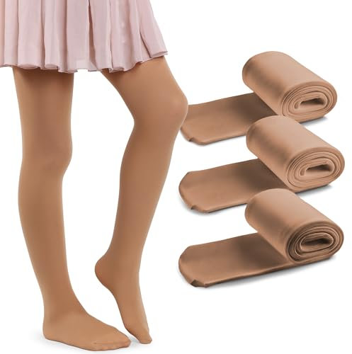 MANA MANA 3er-Pack einfarbige Mädchenstrumpfhosen – Süße blickdichte Kinderstrumpfhosen für Schule, Tanzen, Ballett – Weich und stylisch, 40 DEN, Made in Italy, 3 Paar, Natural, 134/140 cm
