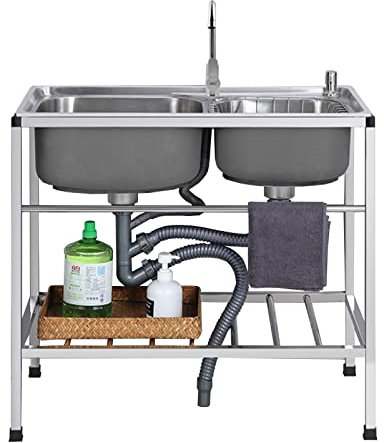 Fregadero Sobre Encimera Fregadero de cocina de estilo rústico, fregadero de acero inoxidable, fregadero de cocina de dos senos, fregadero de cocina independiente comercial de acero inoxidab