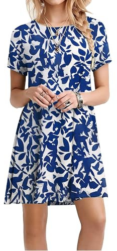 Zeagoo Summer Dress Short Sleeve Round Neck T-Shirt Dresses Knee Length Loose Casual Dresses with Pockets Blue Flowers Size S