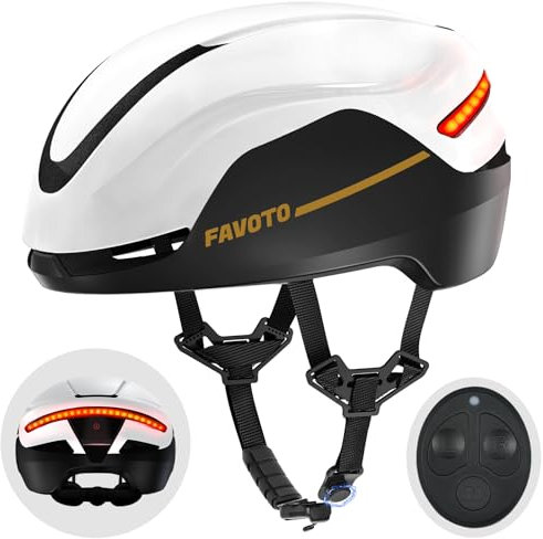 Favoto Rennradhelm Fahrradhelm Herren Mit Licht - Intelligenter Fahrradhelm 3 Rücklichtmodi Fernbedienung EPS In-Mould-Technologie Weiß-Schwarz L(59-61cm)