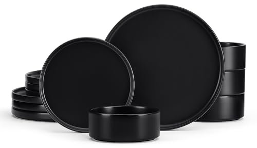E-far Juego de vajilla de gres, juego de platos y cuencos de 12 piezas para 4, utensilios de cocina modernos moteados, resistente a astillas y arañazos, apto para microondas y lavavajillas, negro mate