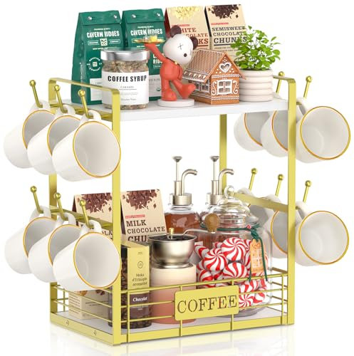 EsLuker.ly 2 Etagen Tassenhalter Stand für Arbeitsplatte, 12 Haken Tassenregal Wand mit Aufbewahrungskorb, Metall Holz Tassenständer Tassen Organizer für Kaffeebar Küche, Weiß-Gold