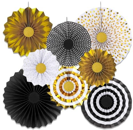 8Pcs Black and Gold Party Hanging Paper Fans Decorations Round Flower Paper Pompoms Fan for Photo Backdrop Halloween Graduation Birthday Wedding Party Decorations
