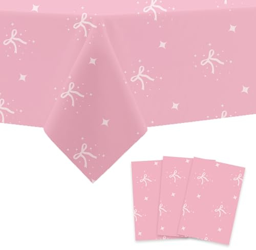 Dmnnlp 3pcs Pink Bow Tablecloth, 108x54 Waterproof Disposable Table Cover for Girls Birthday, Baby Shower, Wedding, Kids Party Decorations (Pink)