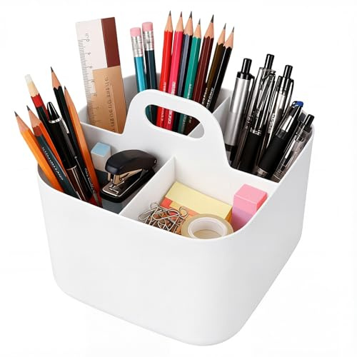 OFFASST Stapelbarer Aufbewahrungskorb mit Griff - Organizer für Putzmittel mit 4 Fächern, Küche, Bad, Schminktisch & Bastelzubehör, Ablagefächer für Makeup, Nähutensilien (Weiß 16.5x16.5x15.5 cm)