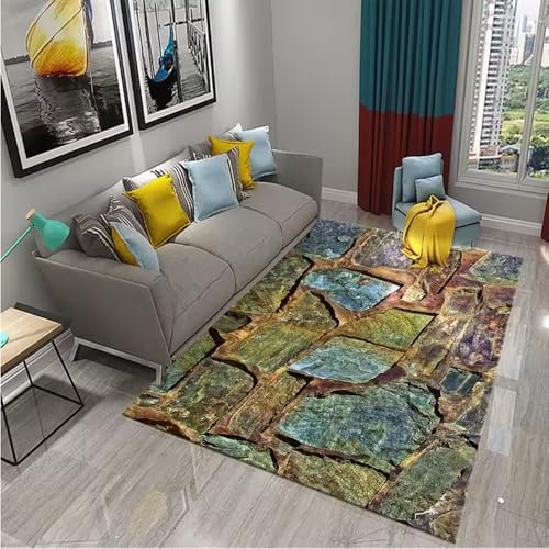 JIAOJING Schwarzer Steinteppich Kopfsteinpflaster Muster Teppich Textur Rechteck Teppiche Wohnzimmer Schlafzimmer Dekor Polyester Yoga Bodenmatte 60X90Cm