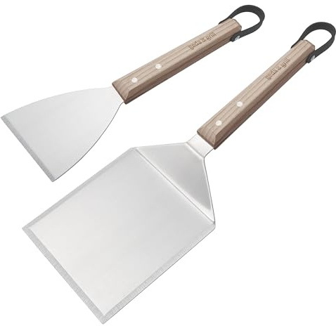GEDA Grill Edelstahl Grillbesteck Set, Grillspachtel und Grillschaber, BBQ Tool Set für Plancha und Grillplatte, mit Aufhänge-Ösen