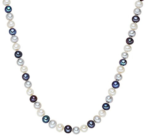 Valero Pearls Damen Perlenhalskette Süßwasser-Zuchtperlen 7-8 mm Potato weiß/silber/blau 925 Sterling Silber - Perlenkette geknotet Multicolor