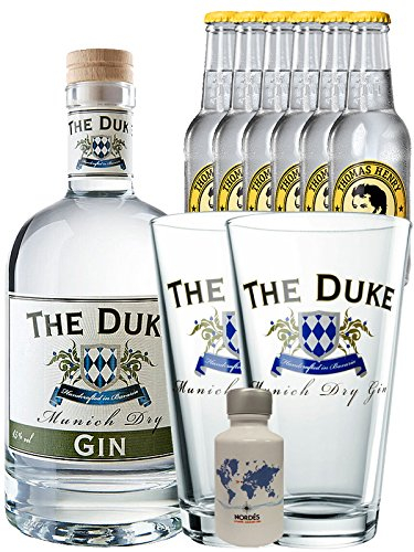 Gin-Set The Duke München Dry BIO Gin 0,7 Liter + Nordes Atlantic Gin 0,05 Liter Miniatur + 6 Thomas Henry Tonic Water 0,2 Liter + 2 x The Duke Long Drink Glas 0,3 Liter