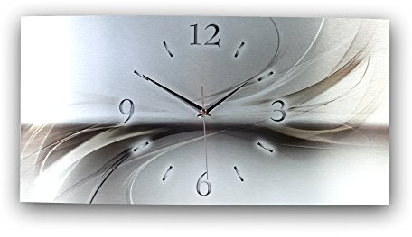 Kreative Feder „Abstrakt Silber“ - Designer-Wanduhr aus gebürstetem Aluminium in Zwei Größen mit leisem Uhrwerk (Abstrakt Silber, Funkuhr 80x40cm)