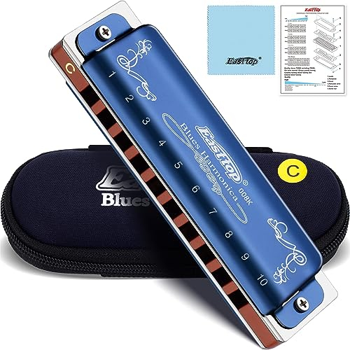 East Top Harmonica in C,10 Holes Blues Harp Mouth Organ Diatonic Harmonica C Key with Blue Case, T008K Standard Harmonicas For Adults, professionals, beginners and students