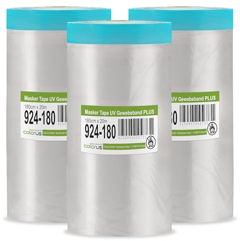 Colorus Abdeckfolie mit Klebeband 180 cm x 20 m, 3er Set Masker Tape | Selbsthaftende, reißfeste Malerfolie mit Gewebeband zum Abdecken bei Lackier- und Sprüharbeiten, innen und außen