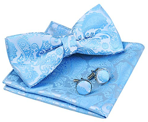 Herren Paisley Fliege, Einstecktuch und Manschettenknöpfe Set (Hellblau)(Größe: Einheitsgröße)