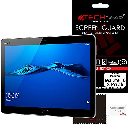 TECHGEAR [Pack of 3] Screen Protectors for Huawei MediaPad M3 Lite 10 - Ultra Clear Screen Protector Guard Covers with Screen Cleaning Cloth & Application Card