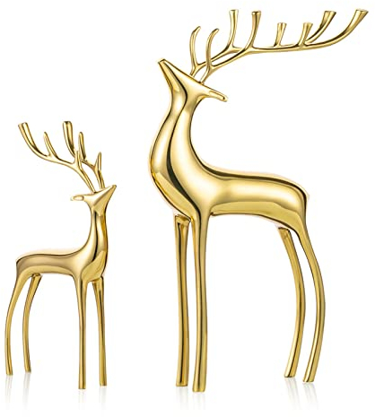 Sziqiqi Rentier Tier Figur Skulpturen Statuen Set von 2, Metall Hirsch Ornamente für Wohnkultur Akzente Wohnzimmer Schlafzimmer Büro Bookself Tischplatte Mantel Weihnachtsdekoration, Gold