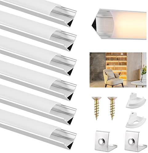 DazSpirit LED Aluminiumprofil, 6 Stück x 1m LED V-Form 45° Aluminiumprofil mit weißer milchiger Abdeckung, Endkappen und Montagehalterung für LED-Streifen