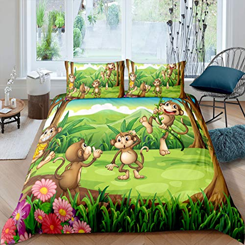 Loussiesd Kinder Bettwäsche Set 135x200 cm Karikatur AFFE Drucken Bettwäsche Niedlich Tiere Bettbezug Set für Jungen Mädchen Waldzoo Blumen Dekorativ Betten Set Reißverschluss