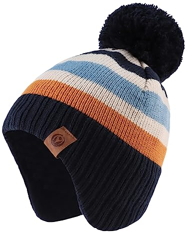 XIAOHAWANG Baby Strickmütze Winter Babymütze Junge Warme Kindermütze Junge Beanie Mütze Dicke Wintermütze für Herbst,Winter (Streifen Hut, 4-7Jahren)