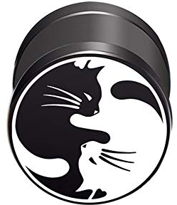 BlackAmazement 316L Edelstahl Fake Plug Piercing Ohrstecker Yin Yang Katze Cats Schwarz Silber 10mm Damen Herren