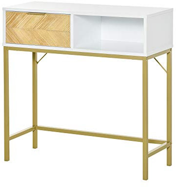 HOMCOM Tavolo Consolle in Legno, Consolle da Ingresso o Salotto con Design Moderno, Bianco e Oro, 80x30x80.5cm