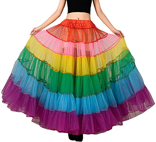 YO-HAPPY Damenrock, Mehrfarbiger Regenbogen A-Linie Maxi Tutu Rock Plissee Bodenlänge Mesh Petticoat