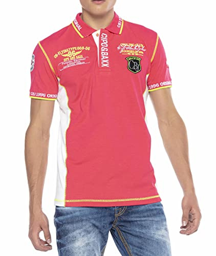 Cipo & Baxx Herren Poloshirt Kontrastfarben Prints Badges Freizeit Baumwolle Shirt CT605 Fuchsia S