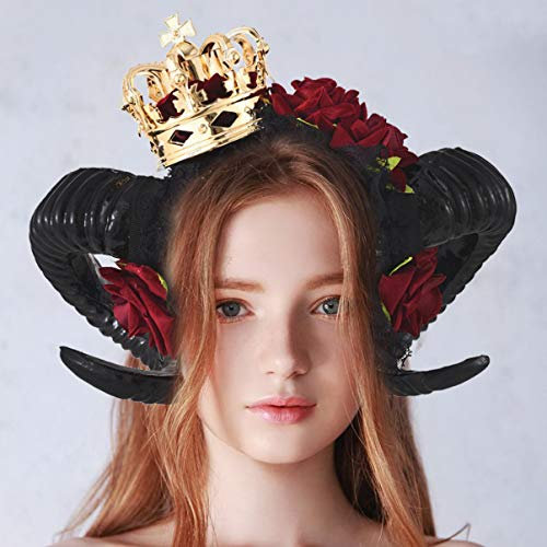 FOMIYES Devil Sheep Horn Headband Gothic Rose Devil Horns Headband Hair Hoop Ram Horns Hair Band for Halloween Cosplay Party Costume Favors Supplies