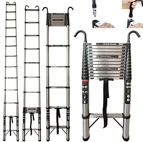 Telescoping Roof Ladders Extendable 16.5FT Collapsible Ladder,Stainless Steel Telescopic Folding Step Ladders 5 Metre with Hooks for Roof Gutter Cleaning,Multi Purpose Extension Ladder,Max Load 330Lbs