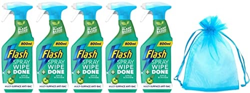 Flash Sparkling Home, Spray Wipe Done, Antibacterial Multi-Surface Cleaner, 800ml, Apple Blossom Scent, 5Pk + Our Gift for You: Organza Bag Size: 9x7x0.1cm