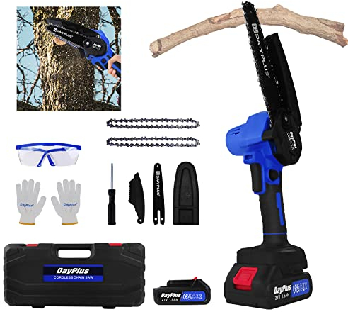 Mini Kettensäge mit Akku 6 Zoll Kleine Kettensäge Akku Einhand Kettensäge mit 1 Batterien und 2 Ketten, Sicherheitsschloss, Elektro Kettensäge Geeignet für Gartenbau/Bäume/Garten Holz