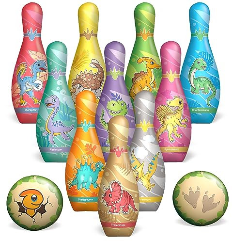 STAY GENT Dinosaur Skittles Game with 10 Pins + 2 Soft Balls, Mini Bowling Skittles Indoor Outdoor Game for Toddlers Boys Girls Aged 2-6