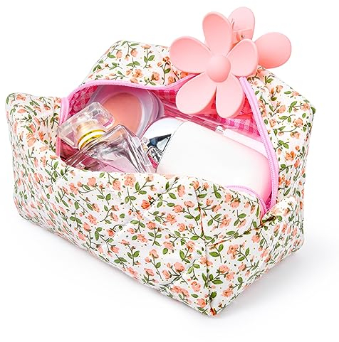 SOIDRAM Kosmetiktasche, niedlich, geschwollene Kosmetiktasche, Kosmetiktasche, ästhetisch, groß, Reise-Kulturbeutel, pink floral, Small, Kosmetiktasche mit Blumenmuster, Größe S, Rosa