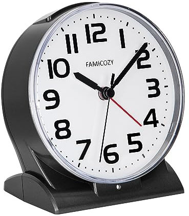 FAMICOZY Automatically Backlighted Alarm Clock,Silent No Ticking for Seniors Vision Impaired,Easy to Set,Big Numbers,Ascending Alarm,Gentle Wake,Snooze,2 AA Battery Operated,Black