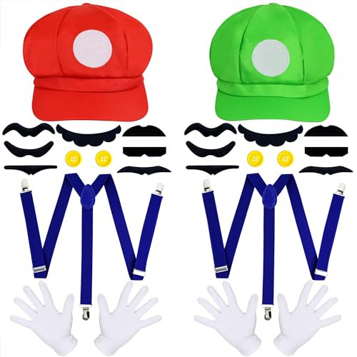 Orgoue Super Bros Kostüm, Mario Bros Kostüm Mario & Luigi Hut Kappen Schnurrbärte Handschuhe Knöpfe Hosenträger Cosplay Kostüm Zubehör Für Damen Herren Kind Für Karneval