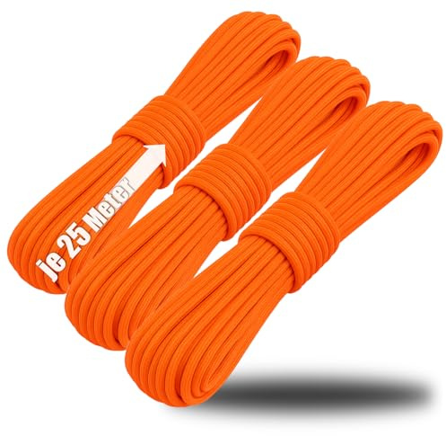 COM-FOUR® 3X Paracord Schnur Ø 4 mm, 75 m, Seil mit 7 Kern Strängen | Camping - Outdoor - Nylonseil mit 250 Kg Tragkraft - Zeltseil - Abspannseil - Allzweckseil