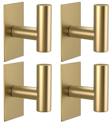 VAEHOLD Wall Towel Hooks, Heavy Duty Sticky Holder Waterproof Towel Hooks for Hanging Coat, Clothes, Closet Hook Wall Mount for Kitchen (Gold, 4 Pack)