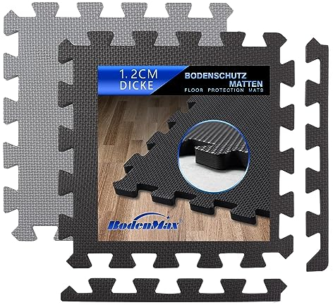 BodenMax Puzzlematte schwarz + antirutsch Pads | Sportmatten Bodenschutzmatte Fitnessmatte Schutzmatte für Fitnessraum 32 x 32 x 1,2 cm 𝐞𝐱𝐭𝐫𝐚 𝐝𝐢𝐜𝐤 [20% mehr Schutz] | 24 Stück