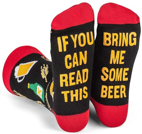 PUTUO Novelty Funny Socks for Gifts: If You Can Read This Bring Me Some Beer - Anti-slip Cotton Gift Socks with Grips Birthday Present Chiristmas Gifts for Dad Boyfriends 1 Pair 6-11