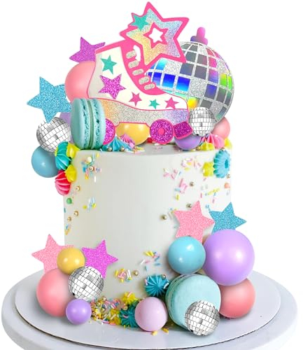 Rollschuh-Kuchenaufsatz, Discokugel, Kuchendekoration, Pastellkugel, Kuchendekorationen für Mädchen, 80er, 90er, Skaten, Hip-Hop-Thema, Rollparty-Dekorationen (Stil 01)