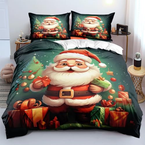 YUTNSAN Weinachten Bettwäsche 220x240cm Weihnachtsmann Geschenk Muster für Kinder Jungen Mädchen Mikrofaser Dunkelgrün Bettbezug mit Kissenbezug 80x80cm