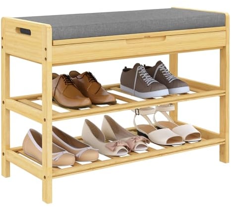WOLTU Schuhregal Schuhschrank mit Sitzbank, Schuhbank aus Bambus, mit Sitzfläche, 2 Schuhablagen, 1 geschlossenem Staufach, für Flur Eingang Wohnzimmer, 68x50x30cm