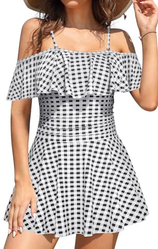 SHEKINI Maillot de bain une pièce pour femme - Dos nu - Jupe de bain plissée - Contrôle du ventre - Maillot de bain pour femme - Grande taille - Jupe de natation, noir-b, L