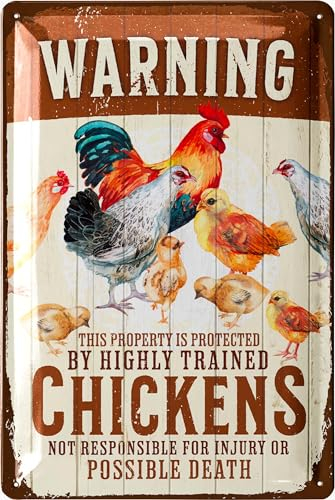 LANOLU Retro Blechschild Vorsicht Hühner, Hühner Zubehör, lustige Schilder mit Sprüchen, vintage Metallschilder Huhn Deko für den Hühnerstall, Warn- und Garten Schild als Hühner Deko, 20x30cm