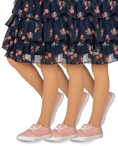 looksy 3er-Pack einfarbige beige Strumpfhosen für Mädchen, 40 DEN, blickdichte, weiche Mikrofaser, Kinderstrumpfhosen mit Fuß, für Freizeit, Tanz, Schule, Ballett, Set mit 3 Paaren, Natural 98/104 cm